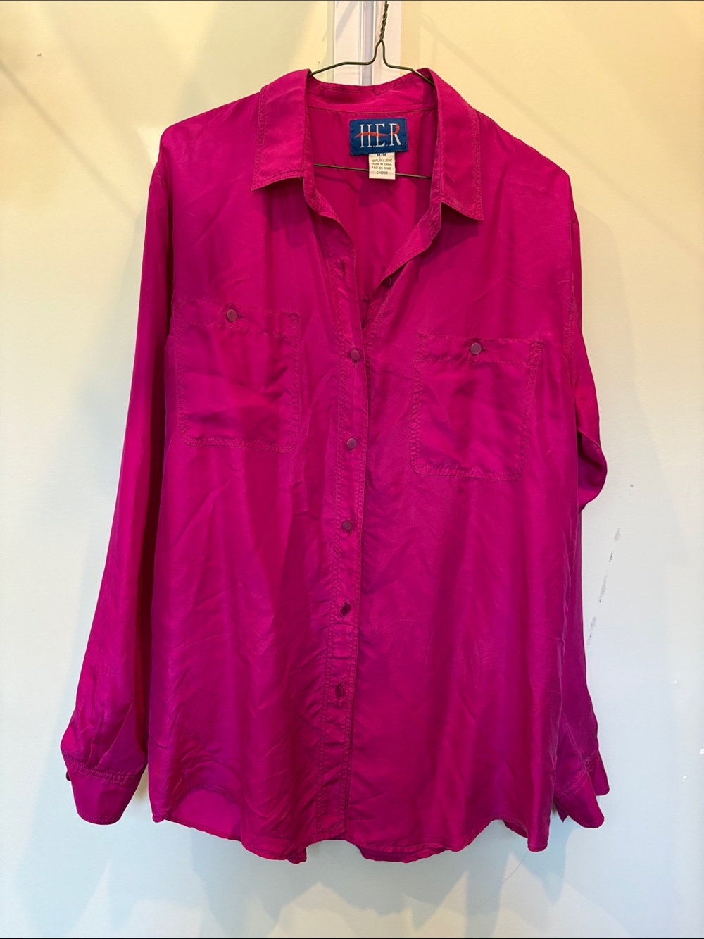 Fuchsia 100% silk vintage Long-Sleeve Blouse